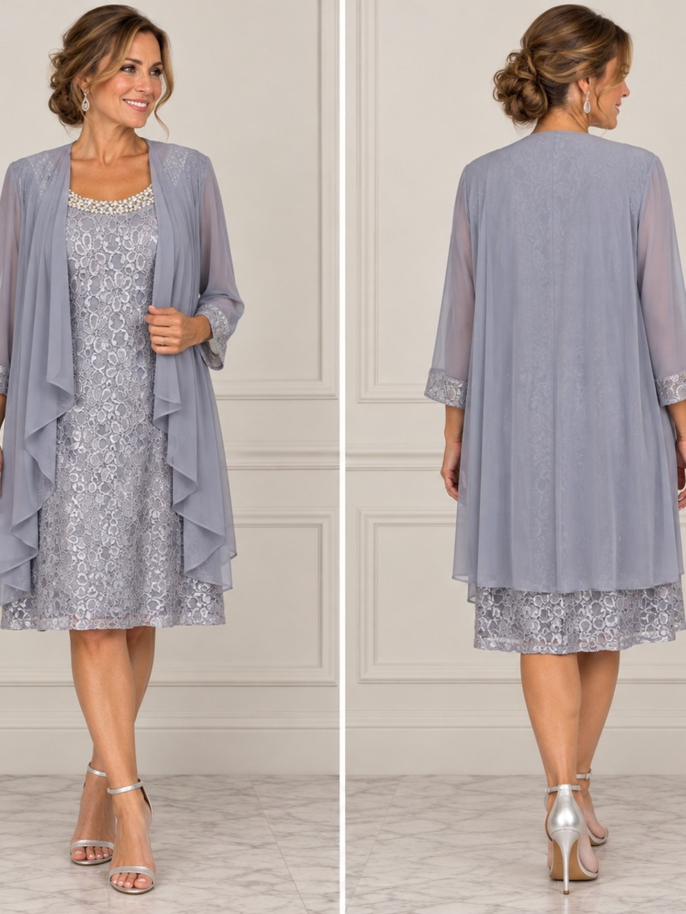 R&M Richards Size 16 Silver Blue Lace Dress Chiffon Jacket Mother of Bride